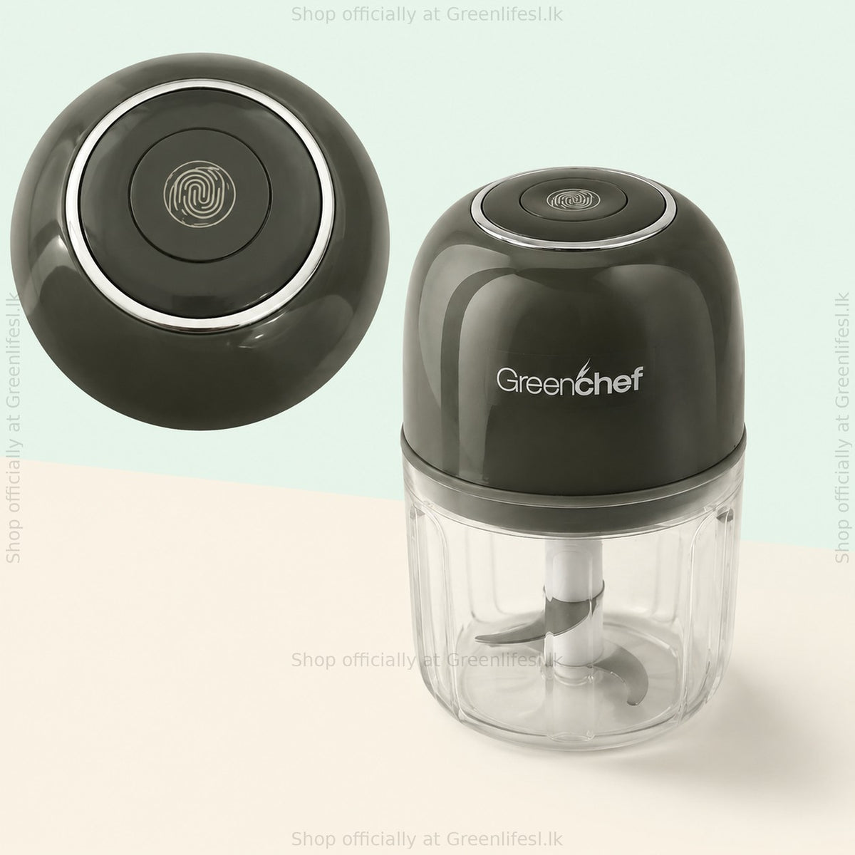 GreenChef Chopster wireless mini chopper 350ml top button close-up beside the assembled chopper