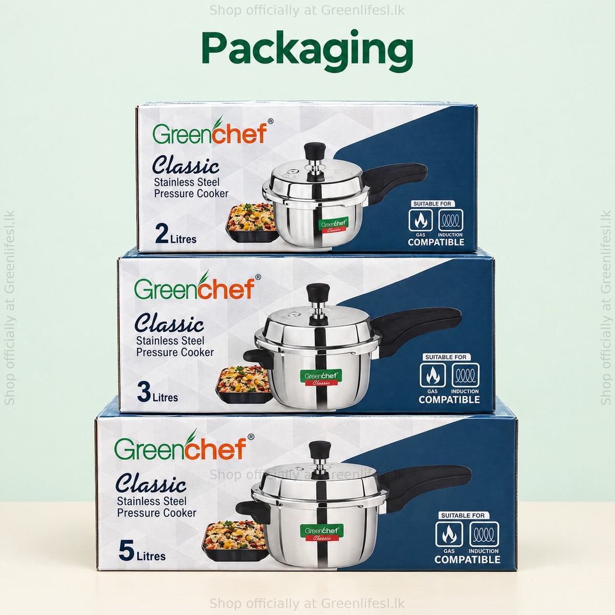 GreenChef Classic stainless steel pressure cooker retail boxes for 2, 3 and 5 litres
