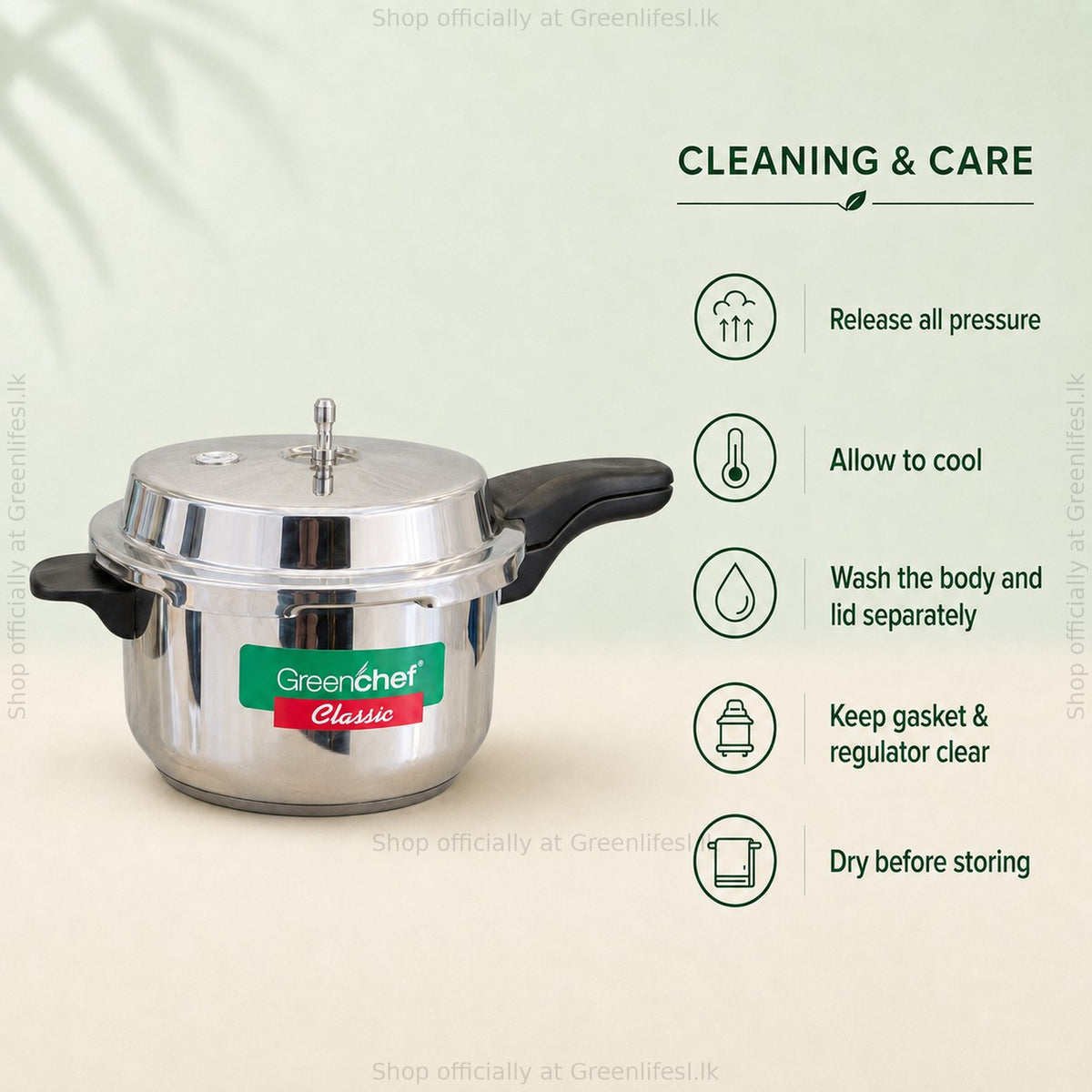 GreenChef Classic stainless steel pressure cooker care: release pressure, cool, wash, keep gasket clear, dry