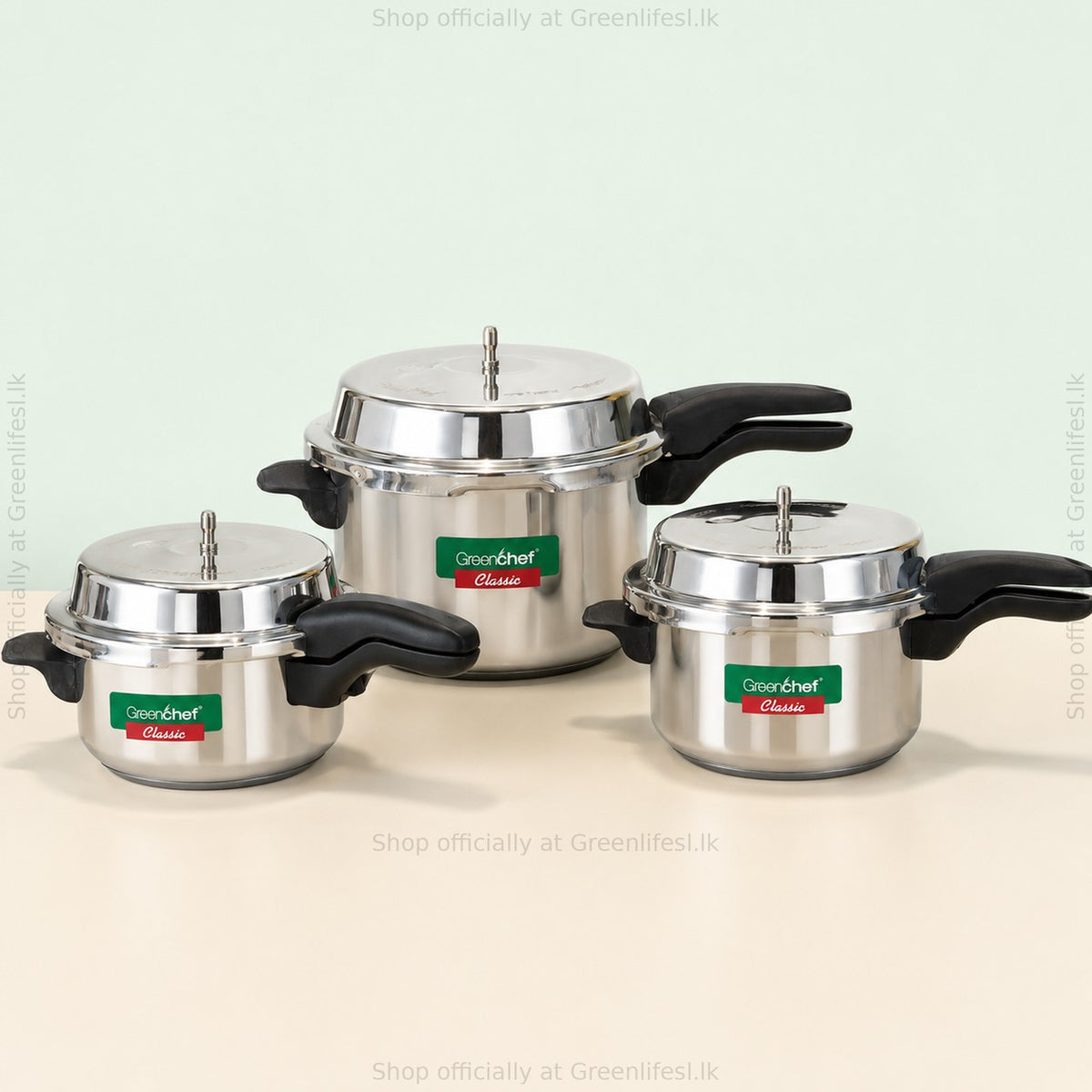 GreenChef Classic stainless steel pressure cooker in three sizes, with black handles and outer lids