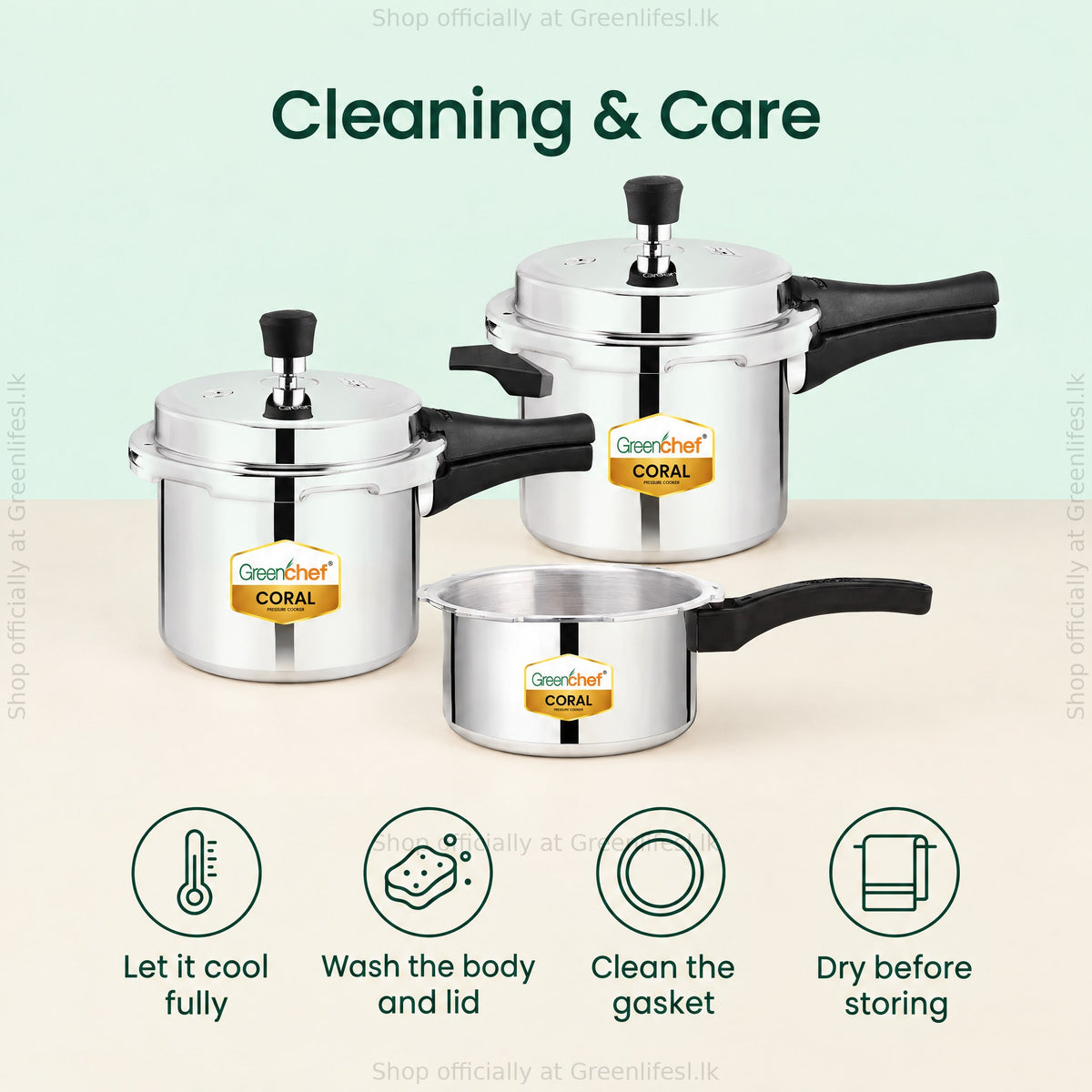 GreenChef Coral combo pressure cooker set care: let it cool, wash body and lid, clean the gasket, dry