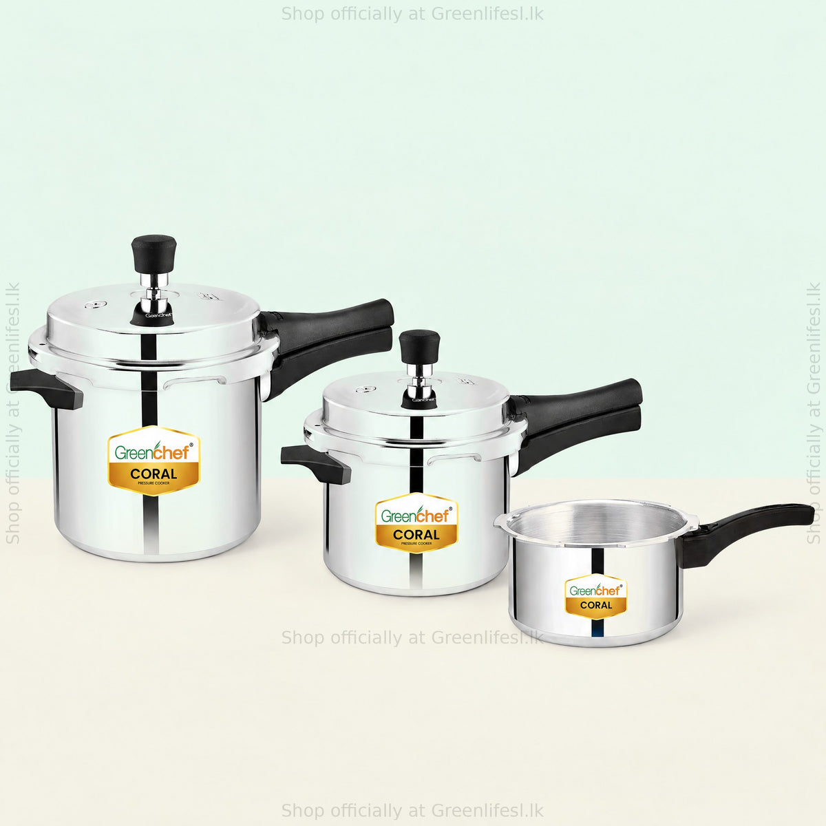 GreenChef Coral pressure cooker combo 5L, 3L and 2L lined up from largest to smallest