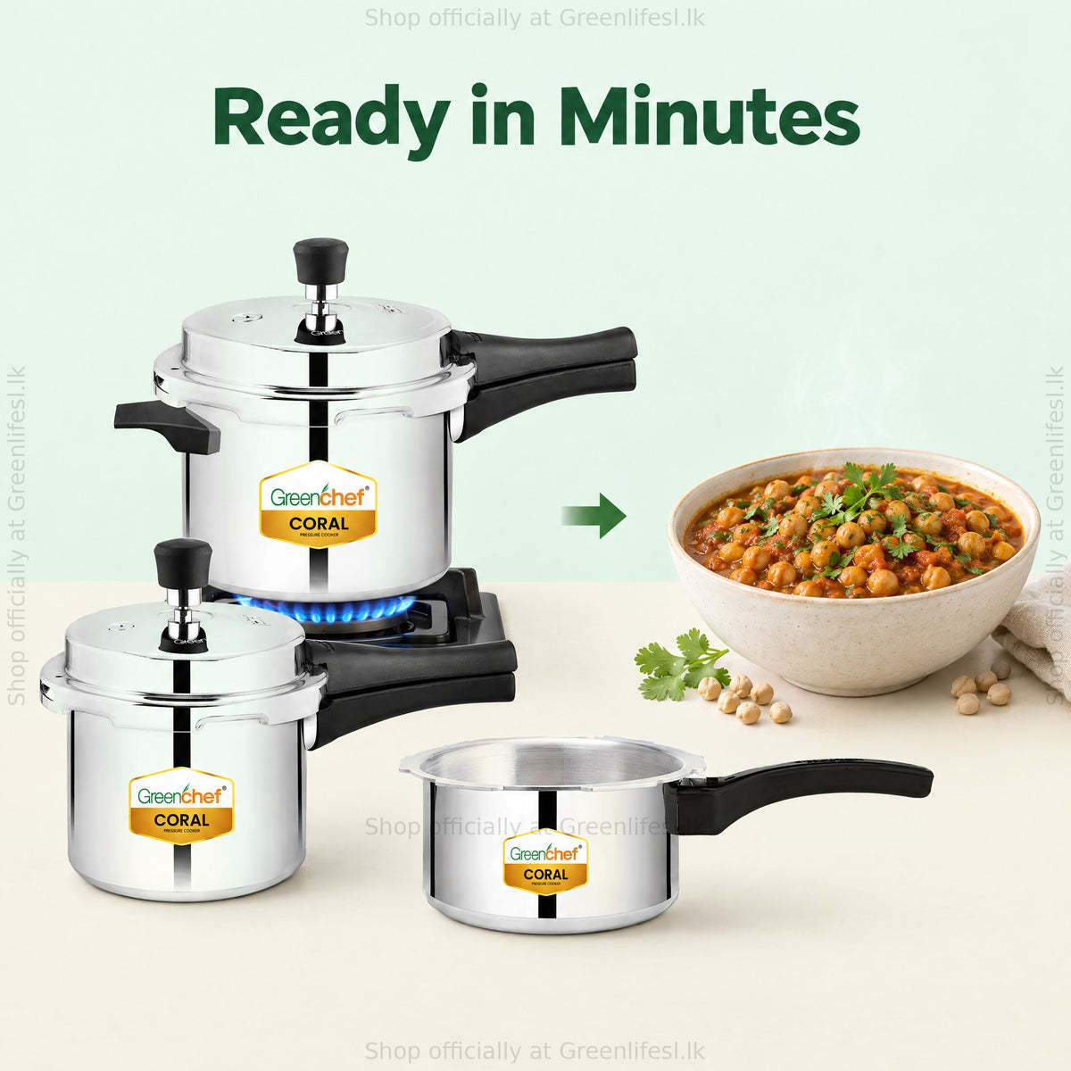 GreenChef Coral pressure cooker combo 5L, 3L and 2L cooking chickpea curry, ready in minutes