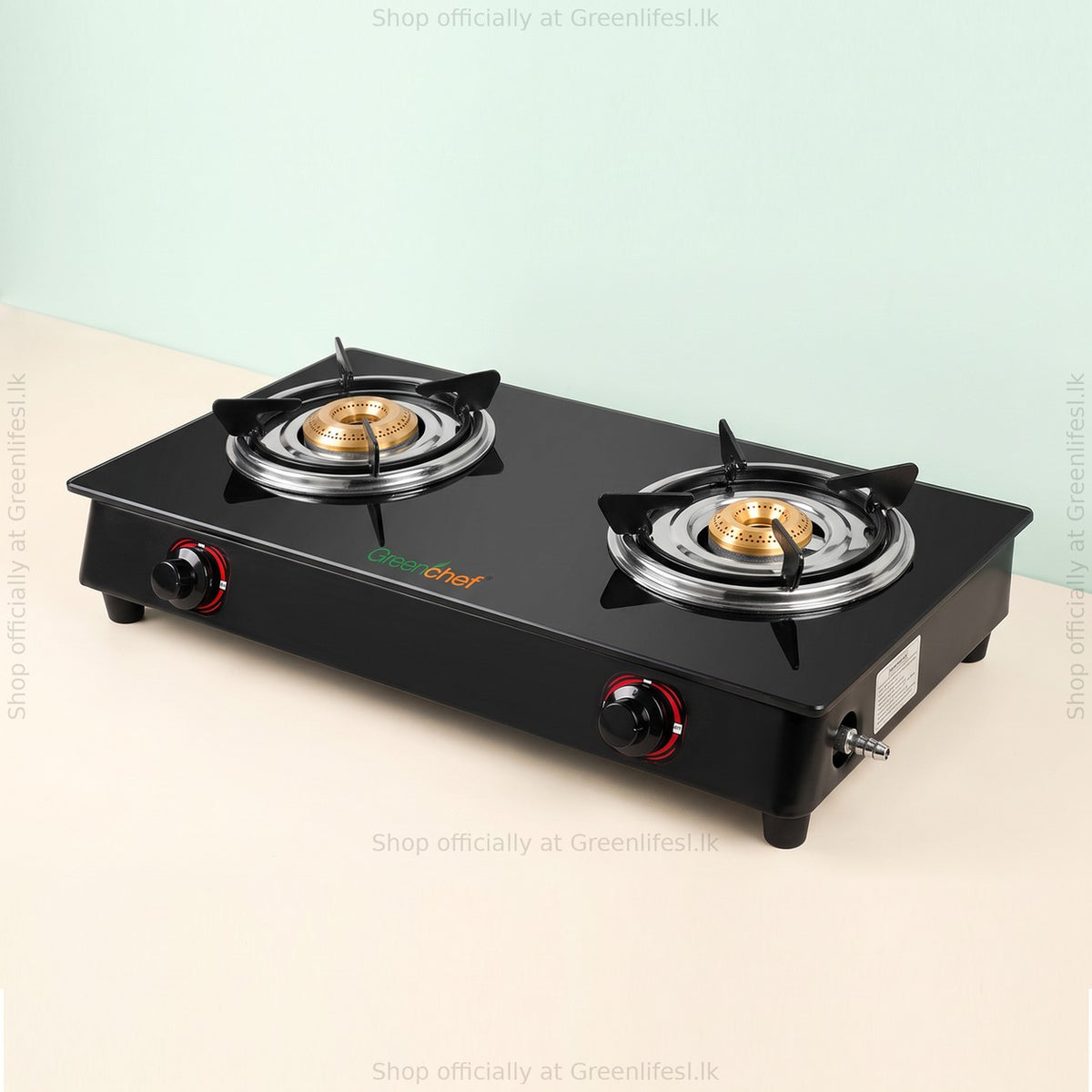 GreenChef Ebony 2-burner glass top gas stove from an angle, showing the side gas inlet