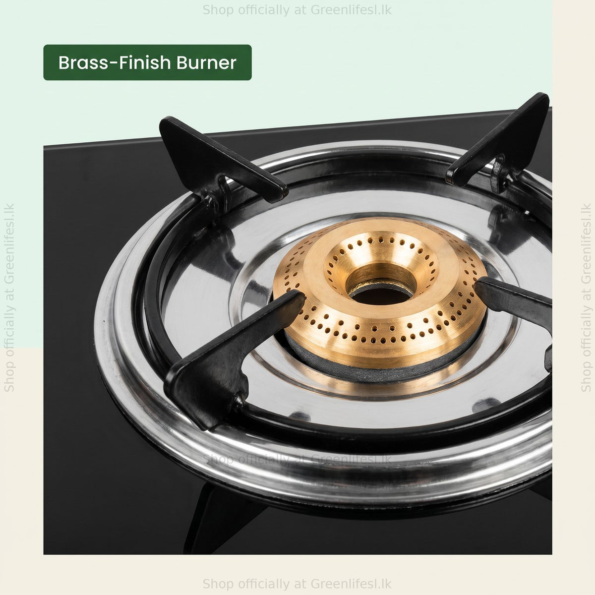 GreenChef Ebony 2-burner glass top gas stove brass-finish burner and pan support close-up