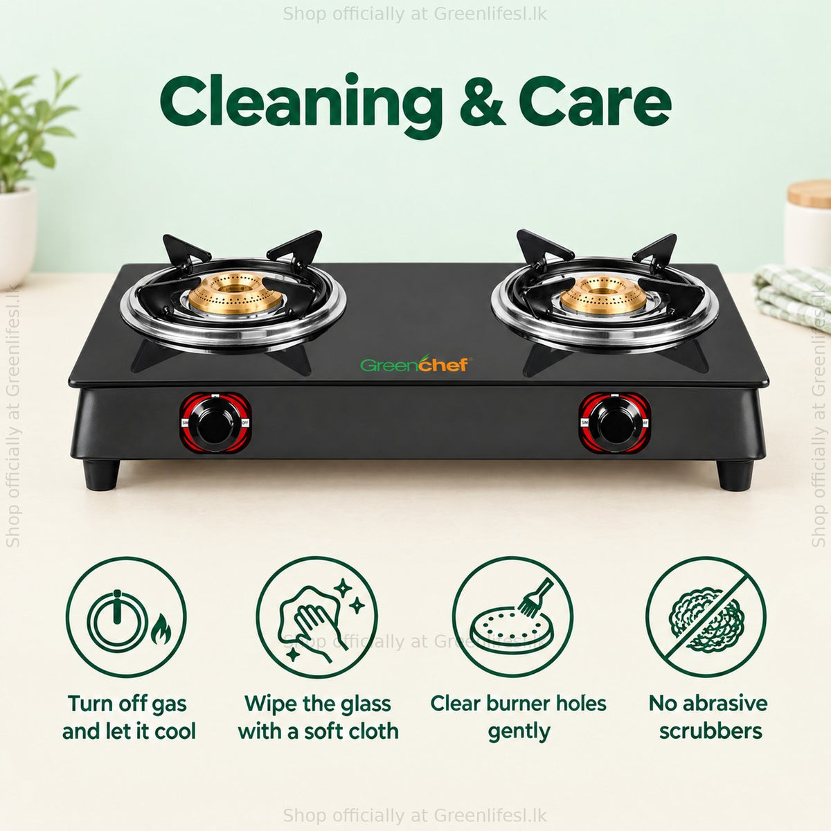 GreenChef Ebony 2-burner glass top gas stove care: let it cool, wipe the glass softly, clear burner holes, no scrubbers