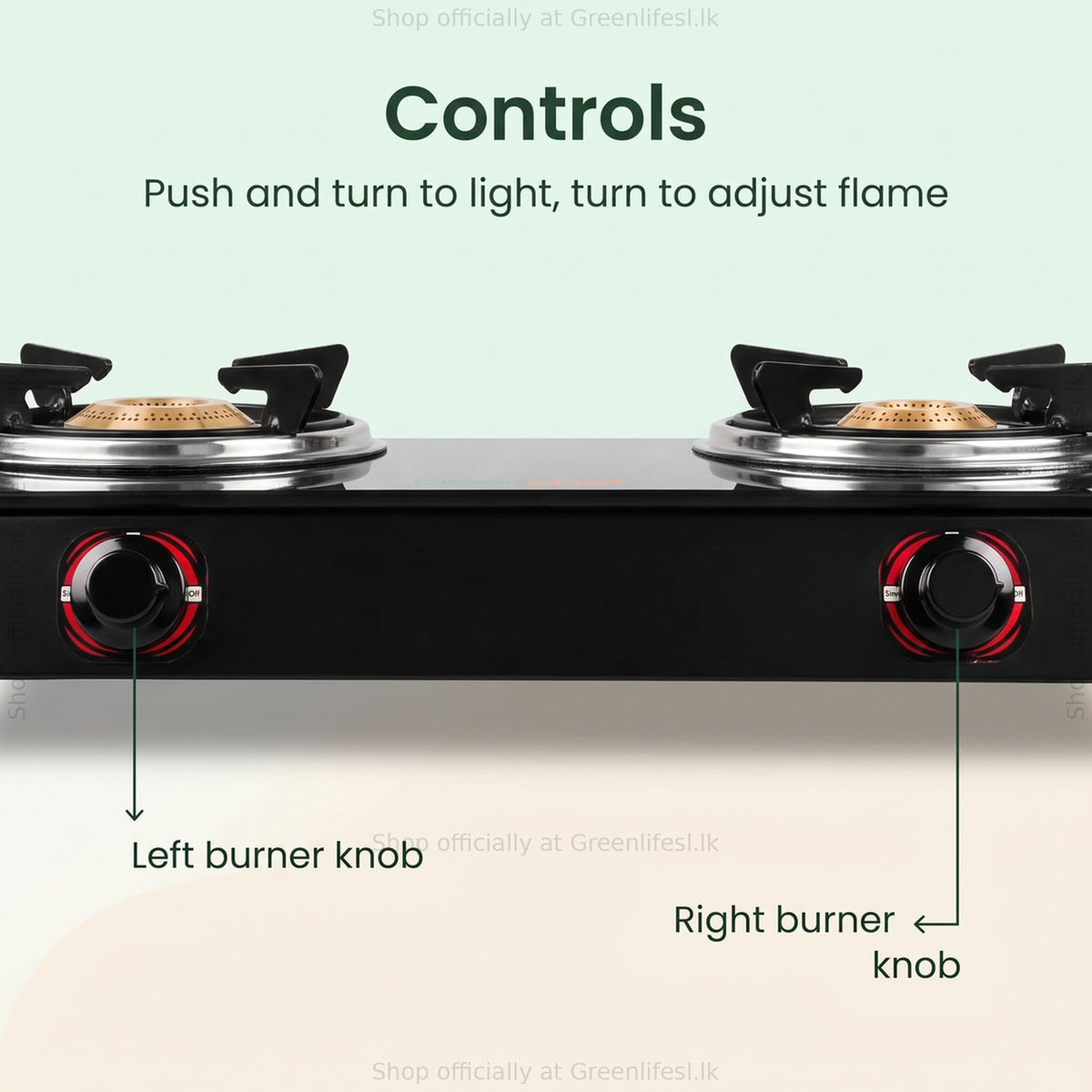 GreenChef Ebony 2-burner glass top gas stove controls: push and turn to light, turn to adjust the flame