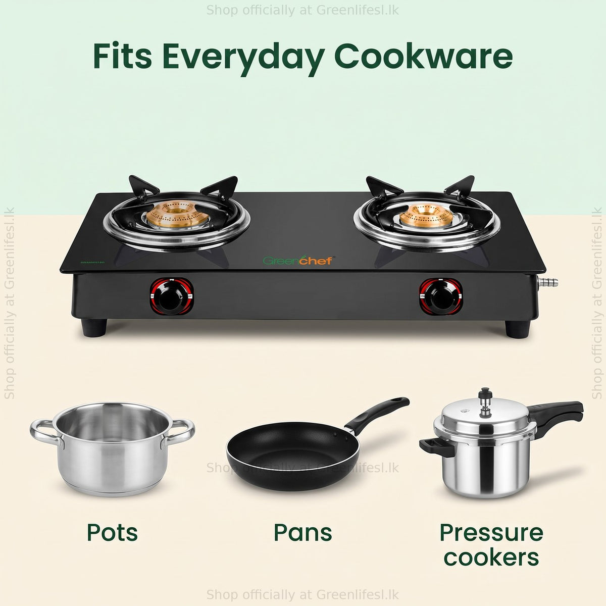 GreenChef Ebony 2-burner glass top gas stove fits everyday cookware: pots, pans and pressure cookers