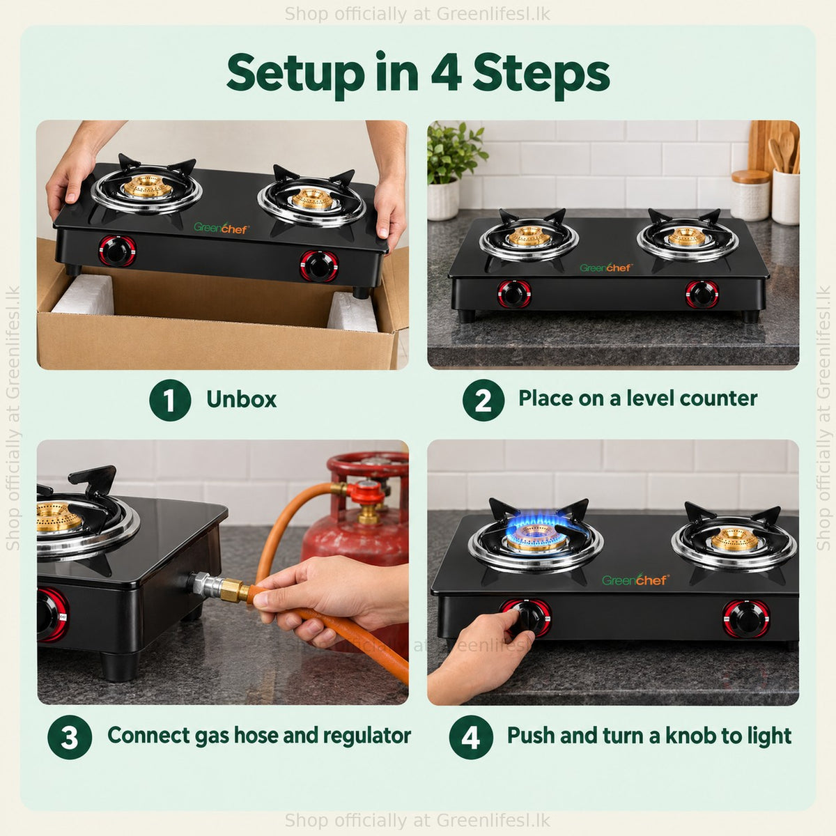 GreenChef Ebony 2-burner glass top gas stove setup: unbox, place level, connect hose and regulator, push and turn to light