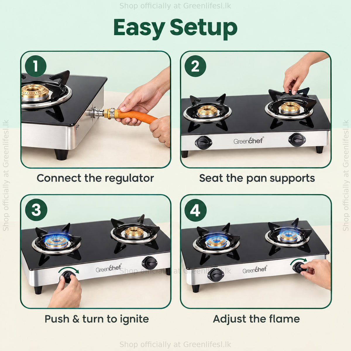 GreenChef Elite 2-burner glass top gas stove setup: connect the regulator, seat pan supports, push and turn to ignite