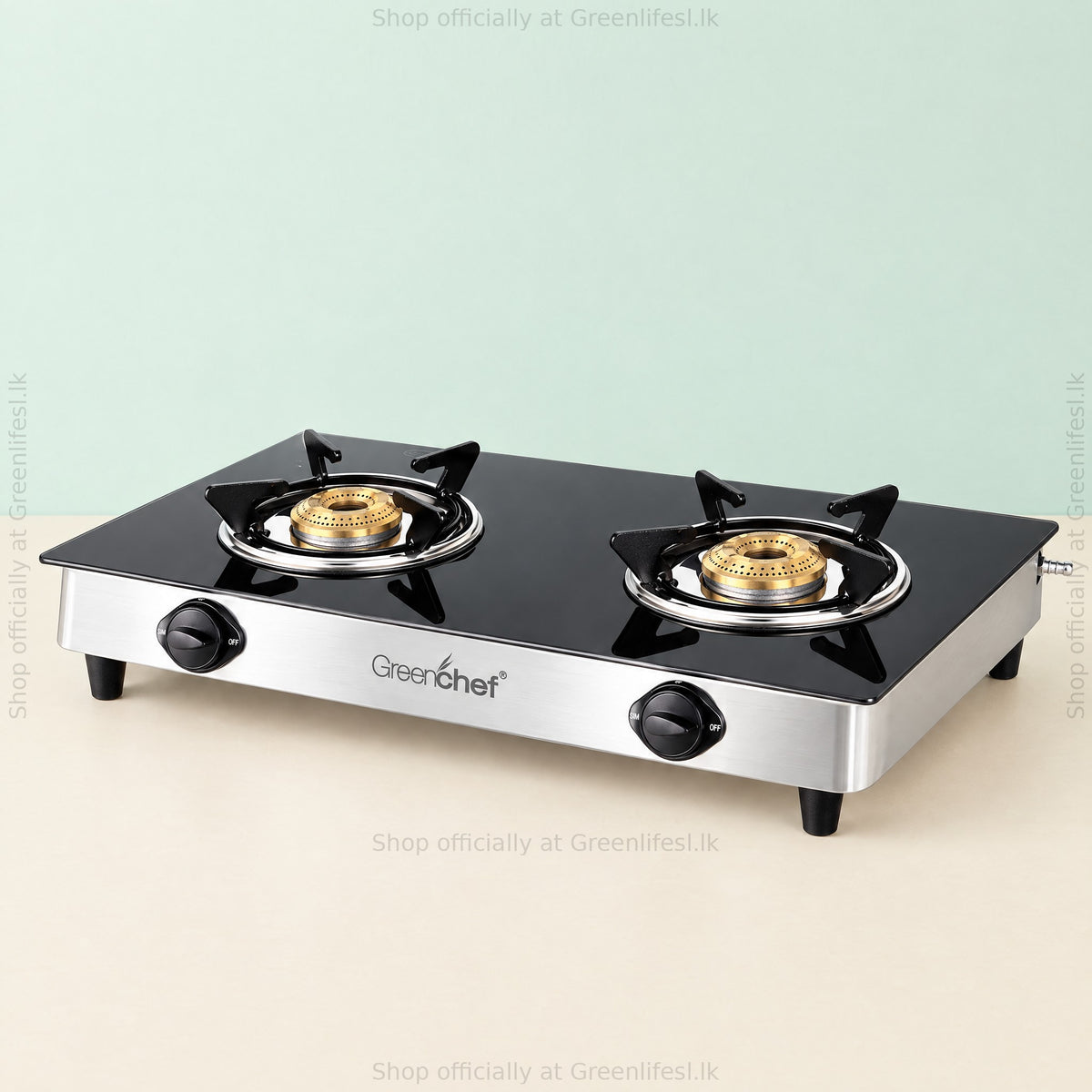 GreenChef Elite 2-burner glass top gas stove, front view of the steel panel and two knobs