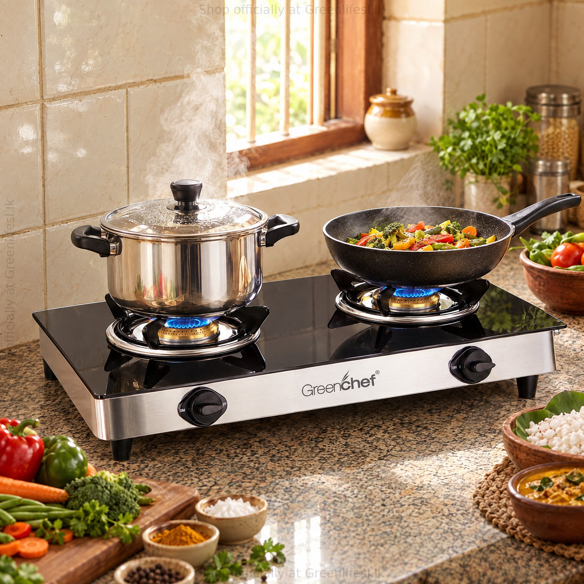GreenChef Elite 2-burner glass top gas stove cooking with a pot and a wok in a home kitchen