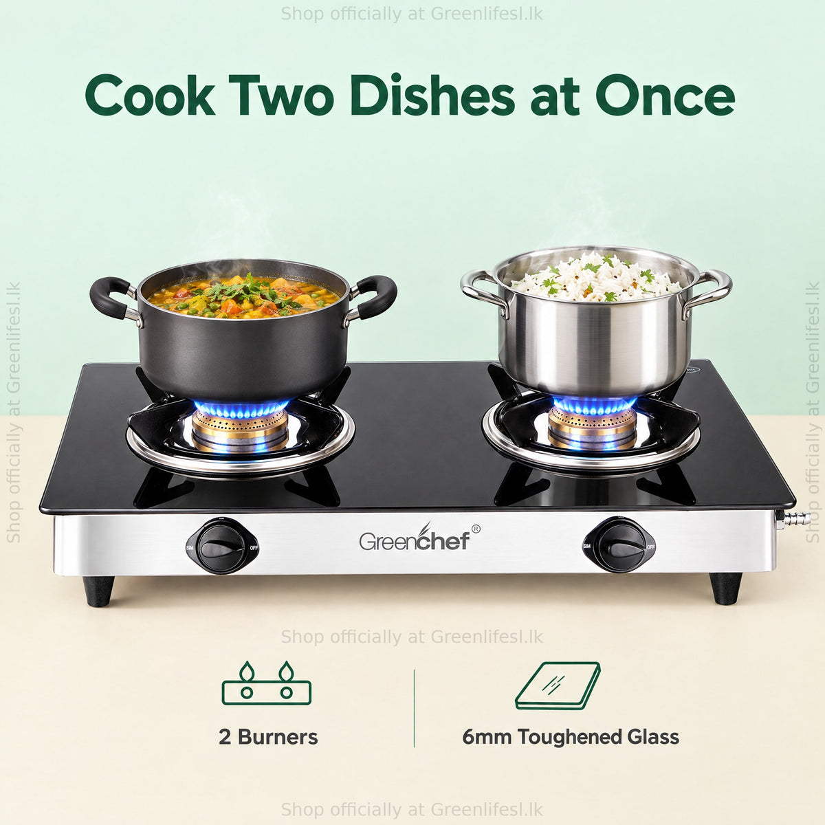 GreenChef Elite 2-burner glass top gas stove cooking two dishes at once, 6mm toughened glass