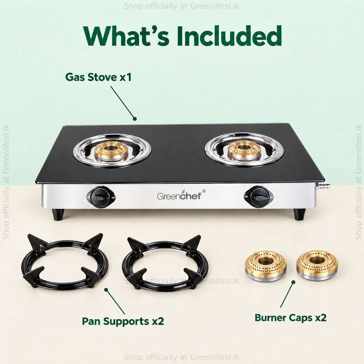 GreenChef Elite 2-burner glass top gas stove, what's included: stove, 2 pan supports and 2 burner caps