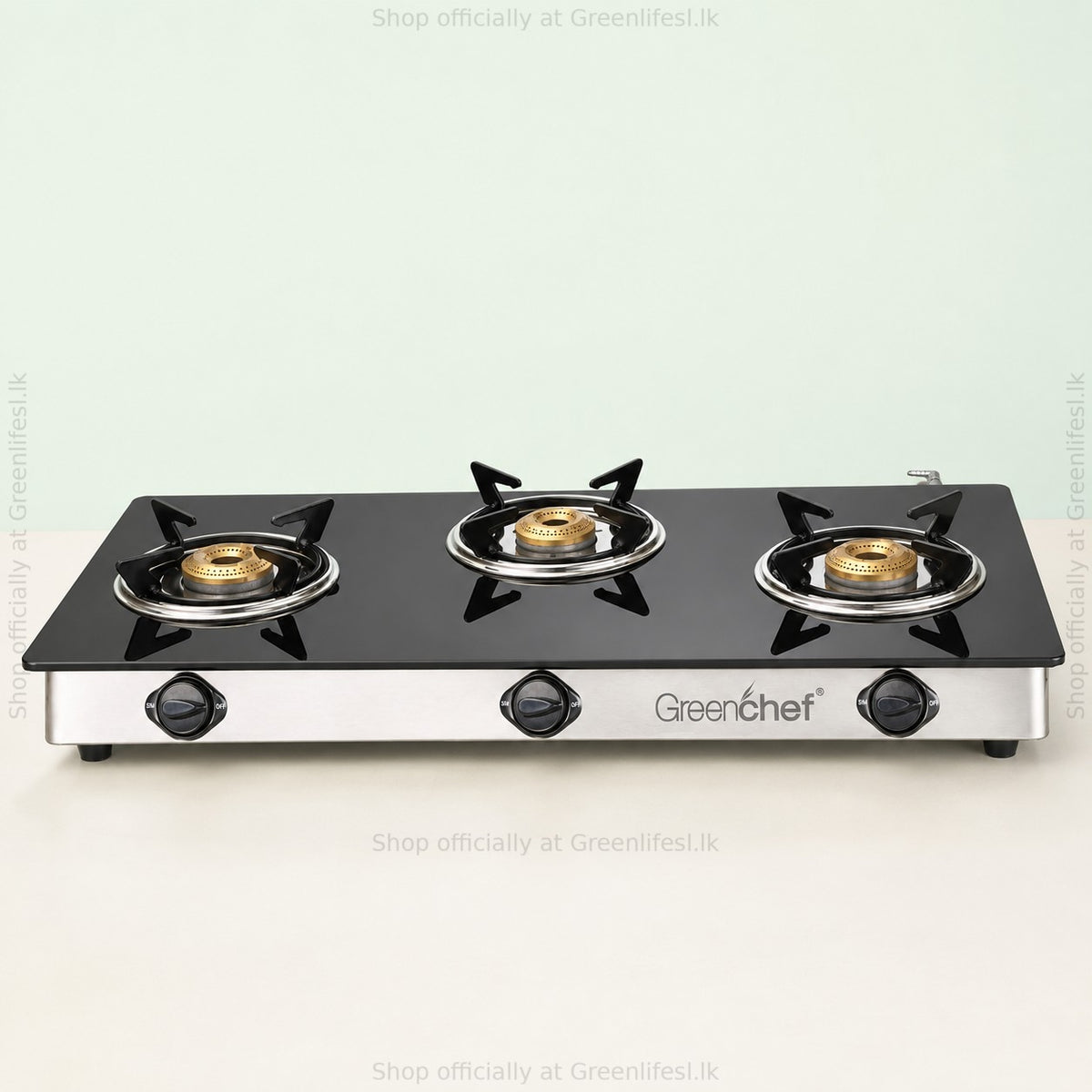 GreenChef Elite 3-burner glass top gas stove, front view of the steel panel and three knobs