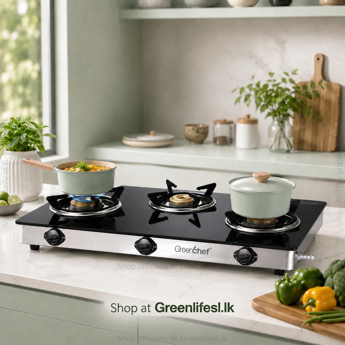 GreenChef Elite 3-burner glass top gas stove cooking with two pots in a home kitchen