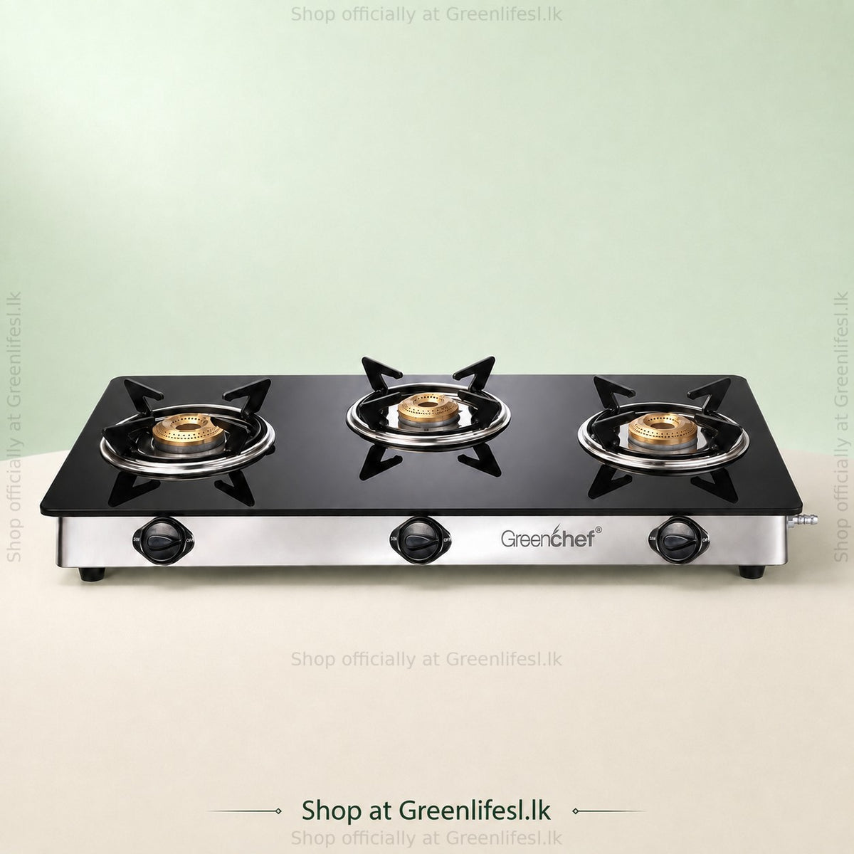 GreenChef Elite 3-burner glass top gas stove with three brass burners and black pan supports