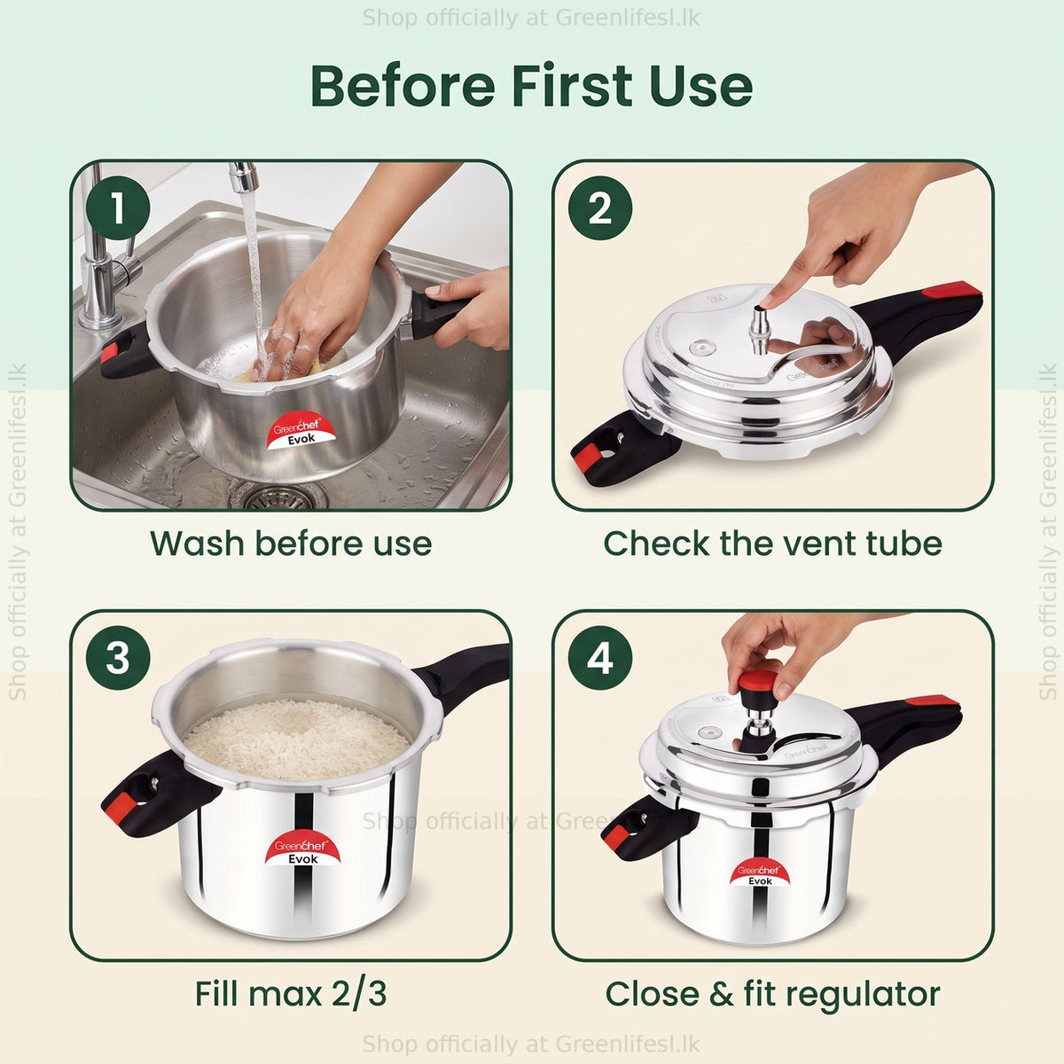 GreenChef Evok 10L aluminium pressure cooker before first use: wash, check vent tube, fill max 2/3, fit regulator