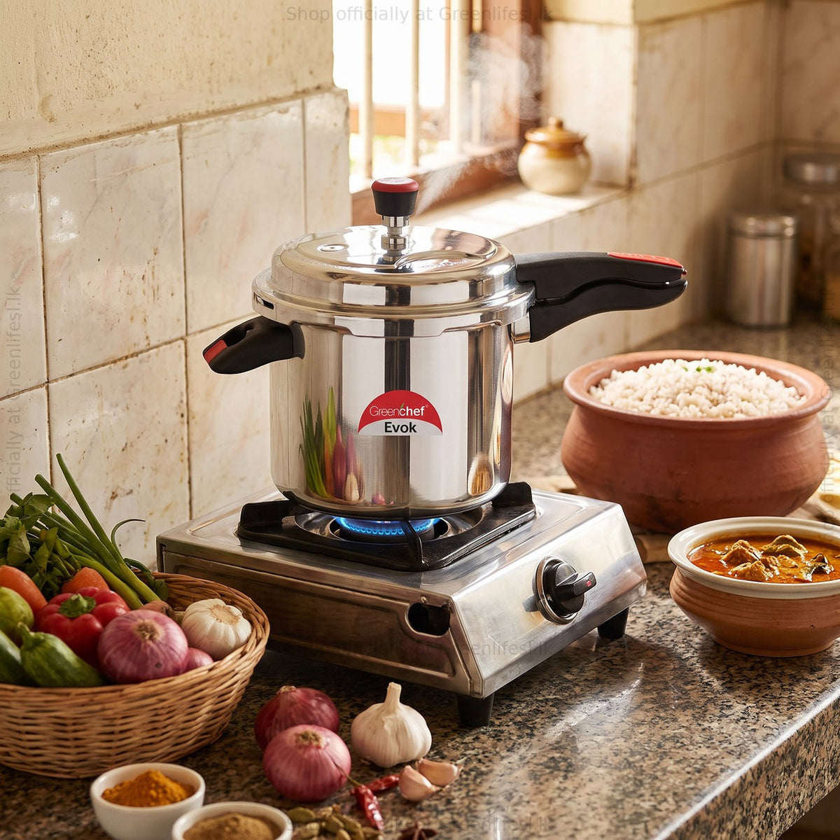 GreenChef Evok 10L aluminium pressure cooker on a gas burner beside rice, curry and vegetables