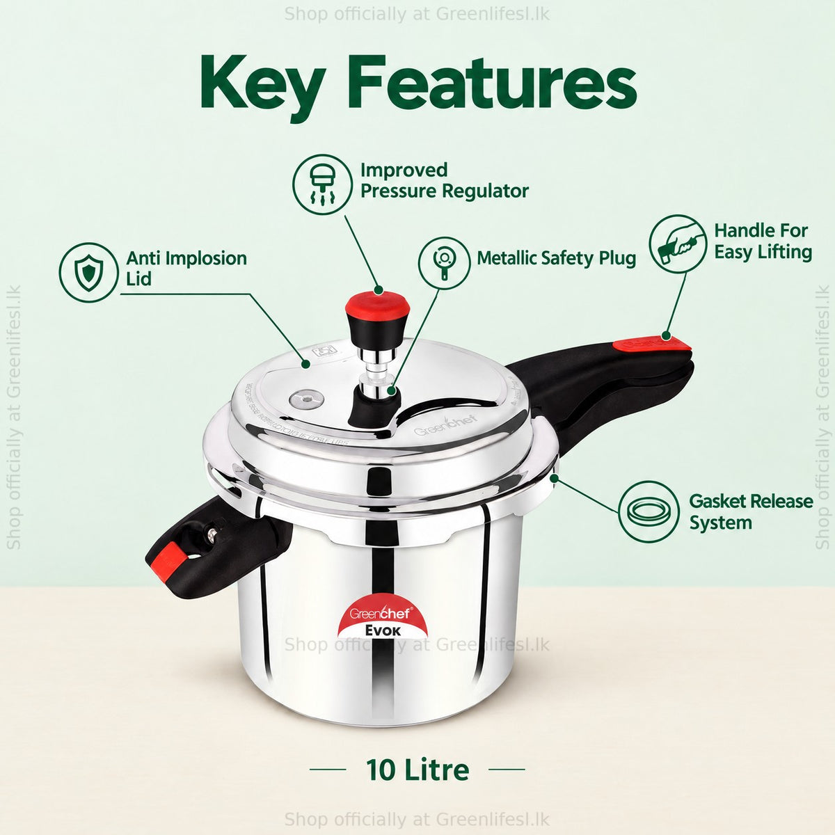 GreenChef Evok 10L aluminium pressure cooker features: anti implosion lid, metallic safety plug, gasket release