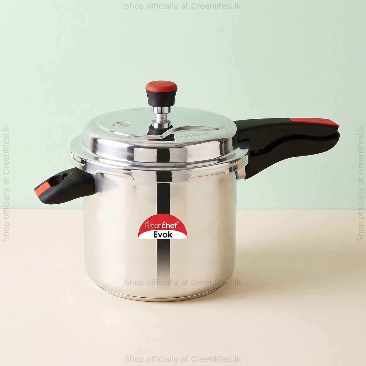 GreenChef Evok 10L aluminium pressure cooker with red-topped regulator and black and red handles