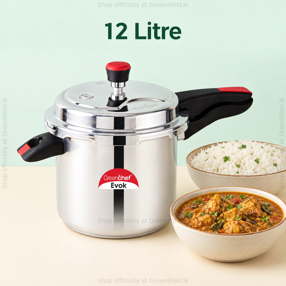 GreenChef Evok 12L commercial pressure cooker, 12 litre capacity, beside rice and chicken curry