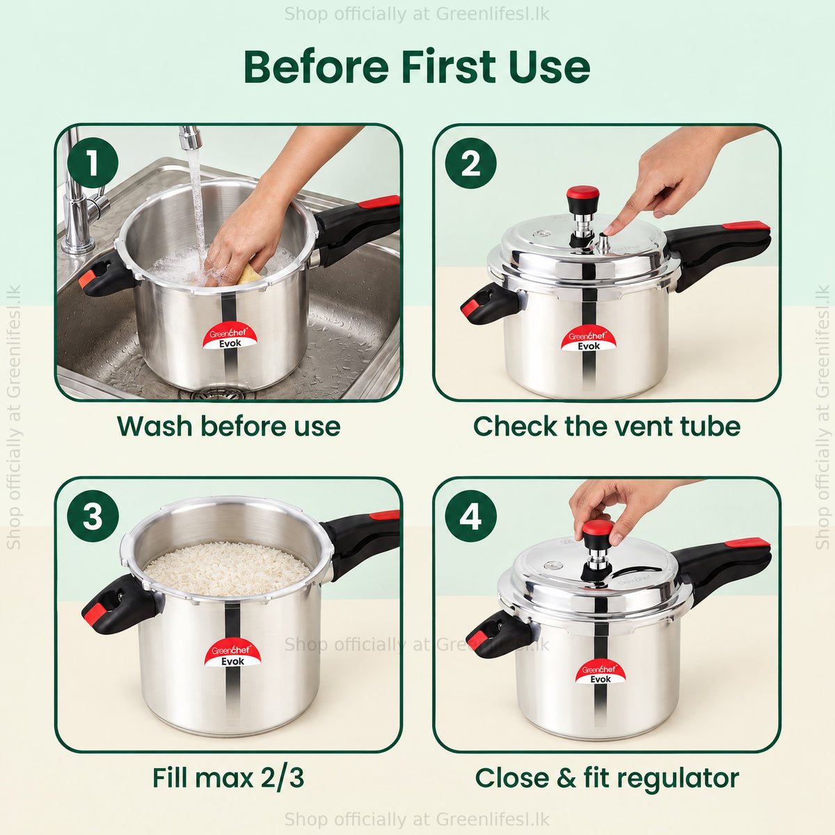 GreenChef Evok 12L commercial pressure cooker before first use: wash, check vent tube, fill max 2/3, fit regulator