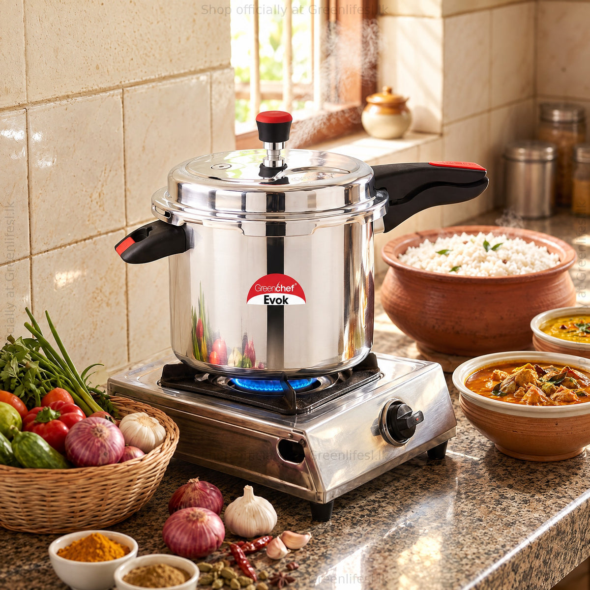 GreenChef Evok 12L commercial pressure cooker on a gas burner beside rice, curry and vegetables