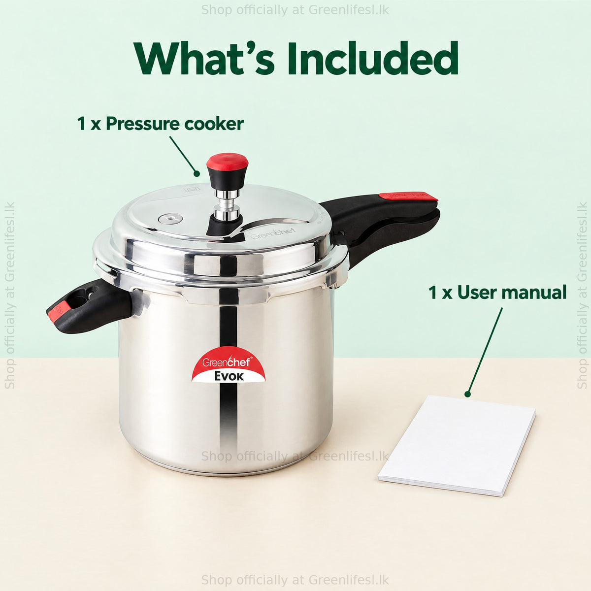 GreenChef Evok 12L commercial pressure cooker, what's included: pressure cooker and user manual