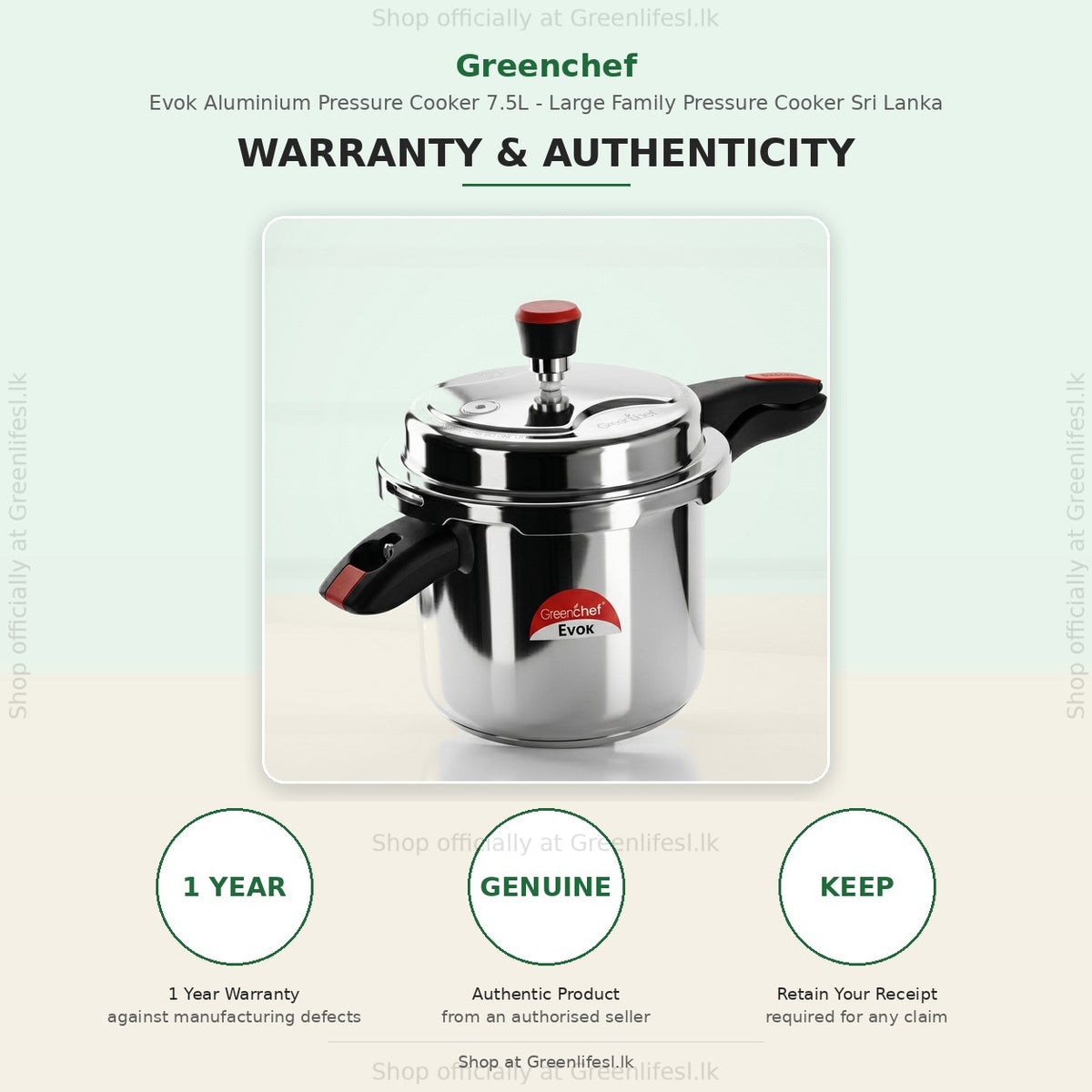 GreenChef Evok 7.5L aluminium pressure cooker, 1 year warranty against manufacturing defects