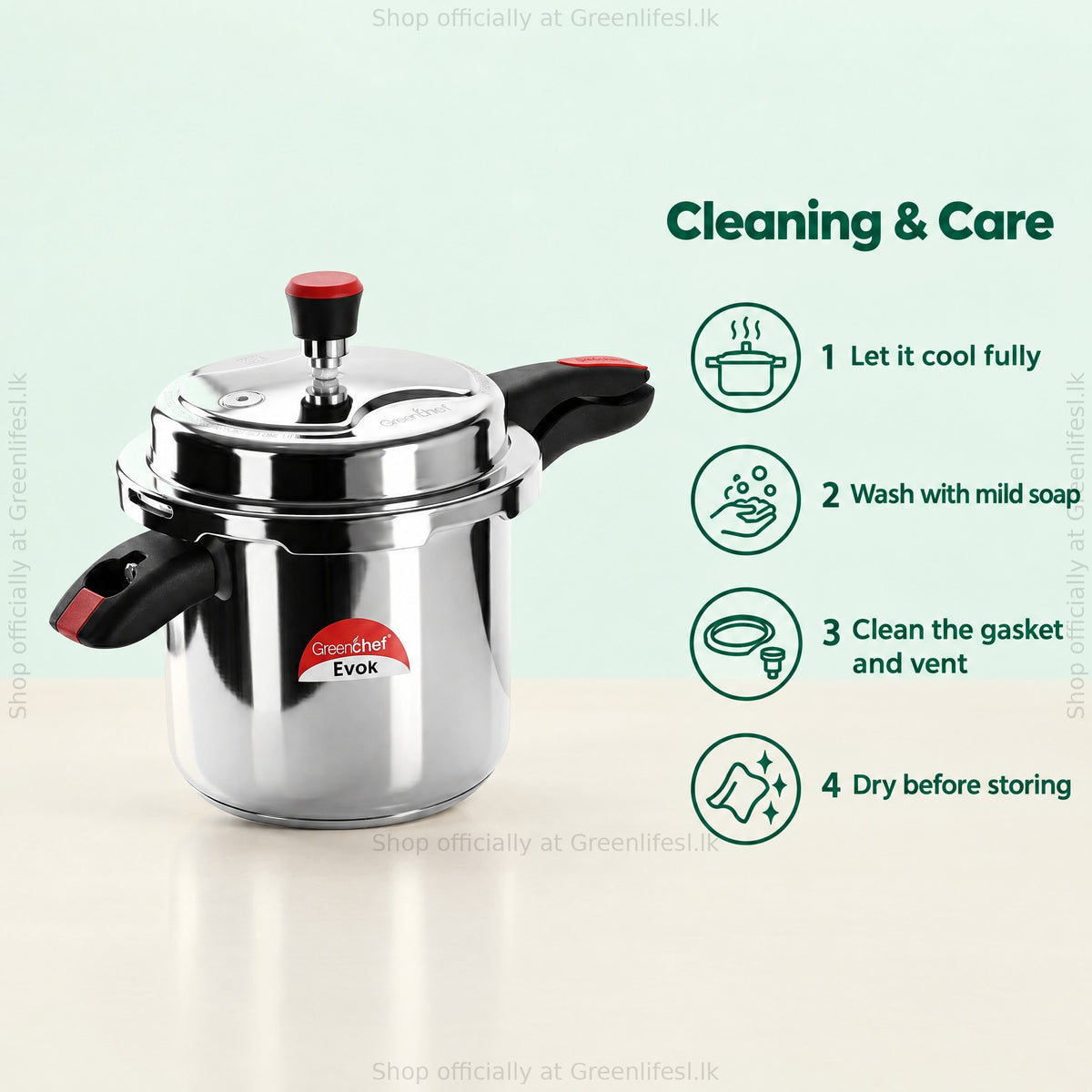 GreenChef Evok 7.5L aluminium pressure cooker care: cool fully, wash with mild soap, clean gasket and vent, dry
