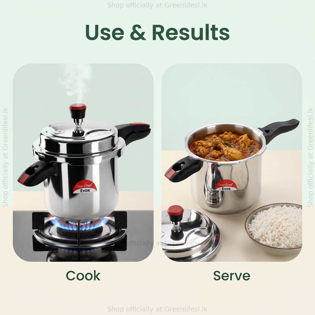GreenChef Evok 7.5L aluminium pressure cooker cooking on a gas flame, then serving chicken curry and rice