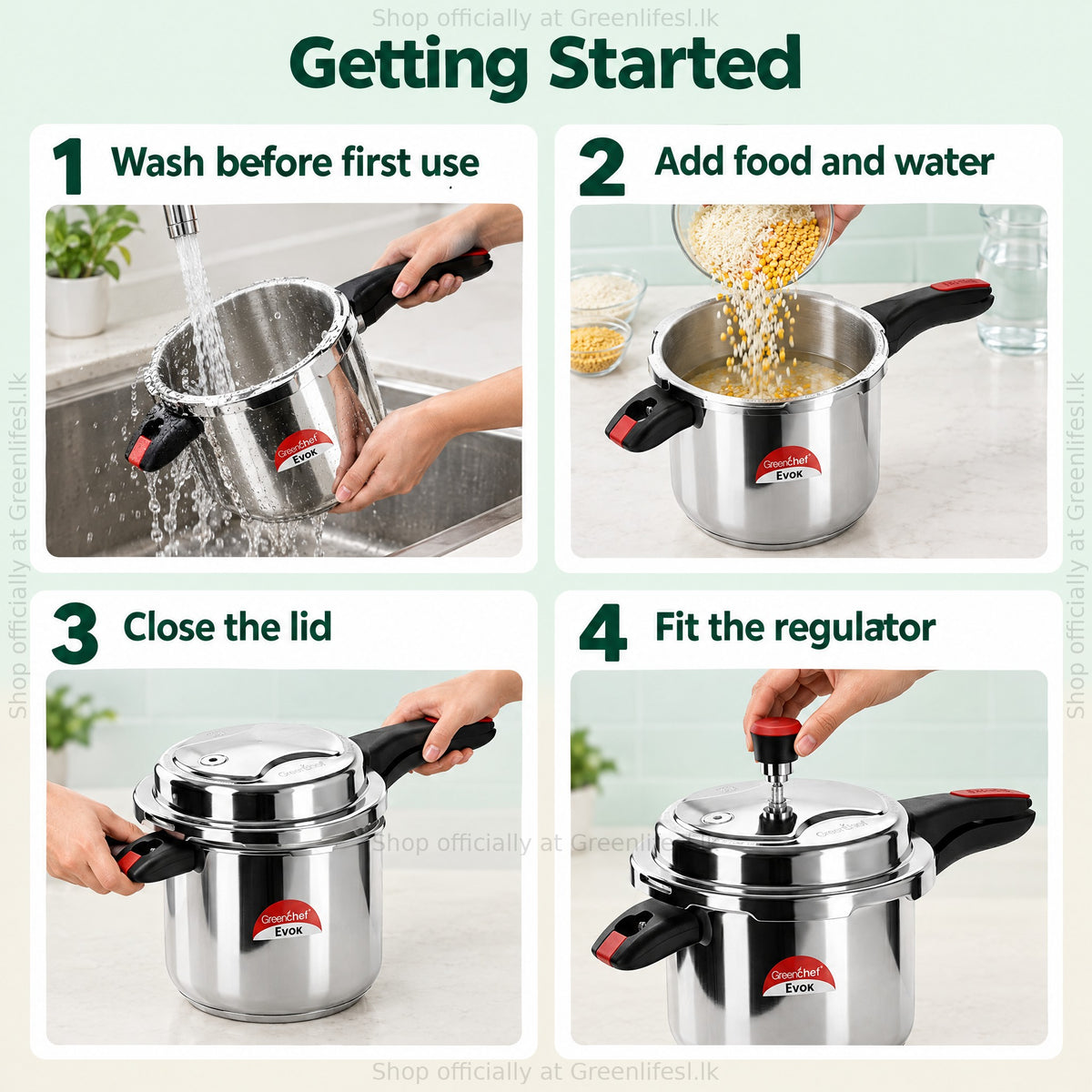 GreenChef Evok 7.5L aluminium pressure cooker: wash, add food and water, close the lid, fit the regulator