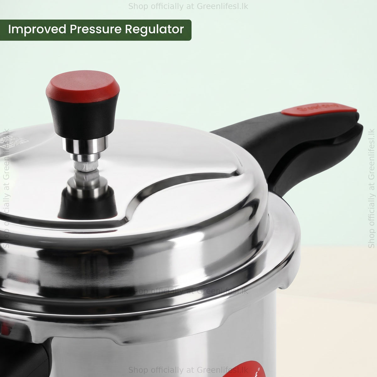 GreenChef Evok 7.5L aluminium pressure cooker, improved pressure regulator close-up