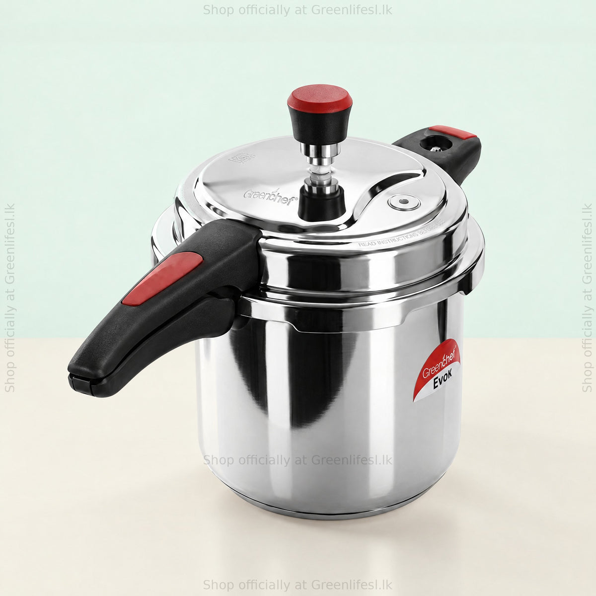 GreenChef Evok 7.5L aluminium pressure cooker from above, showing the lid and regulator
