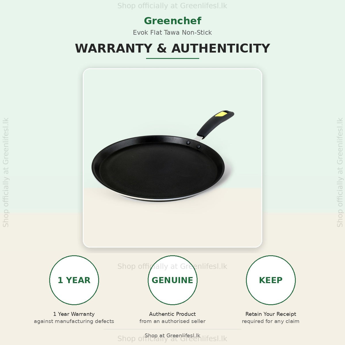 GreenChef Evok non-stick flat tawa warranty card: 1 year warranty, genuine product, keep your receipt