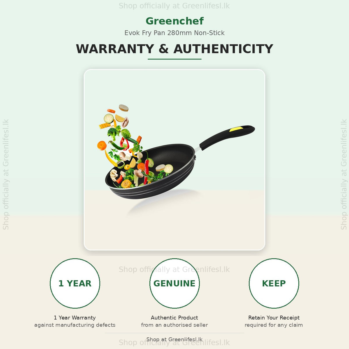 GreenChef Evok 280mm non-stick fry pan warranty card: 1 year warranty, genuine product, keep your receipt