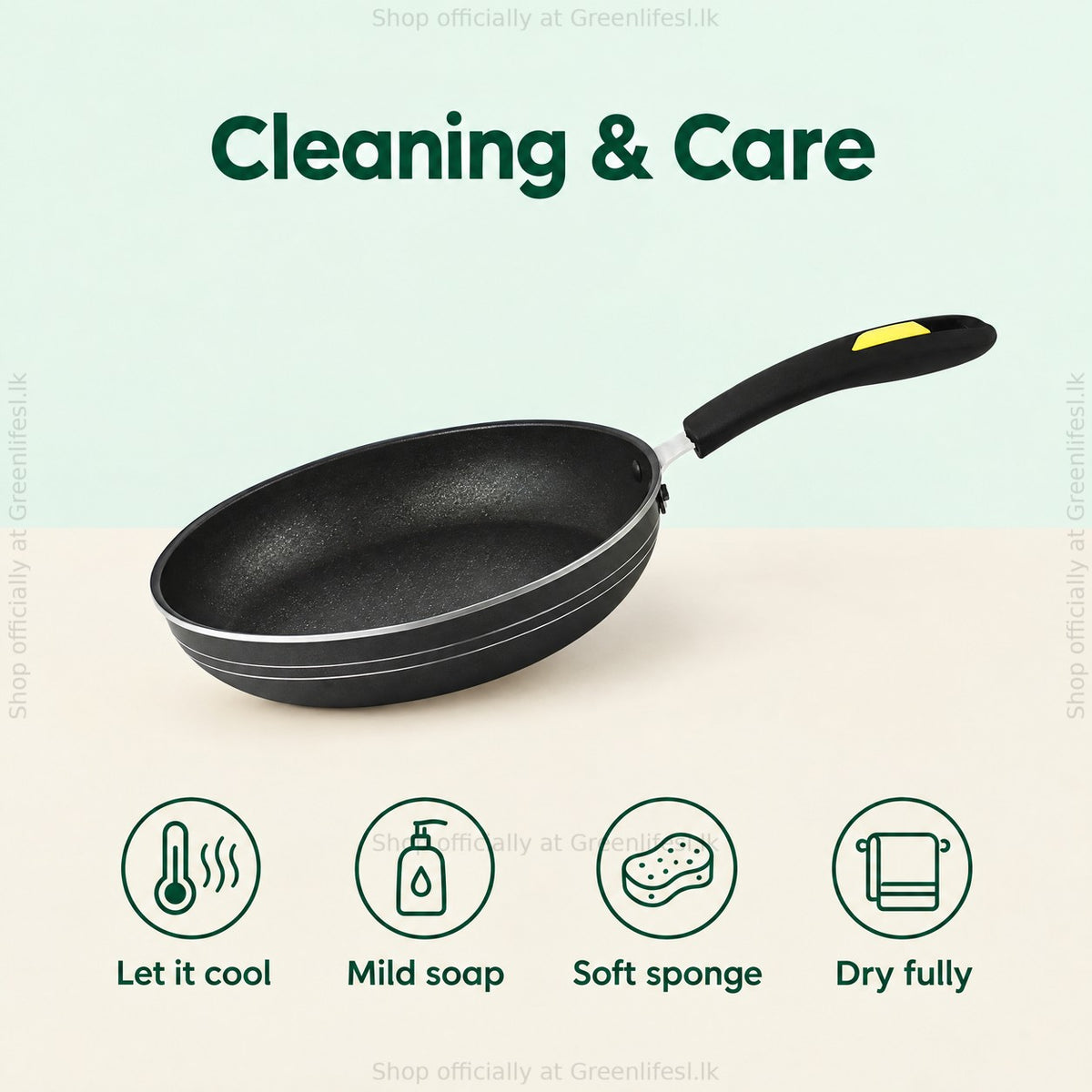 GreenChef Evok 280mm non-stick fry pan care: let it cool, mild soap, soft sponge, dry fully