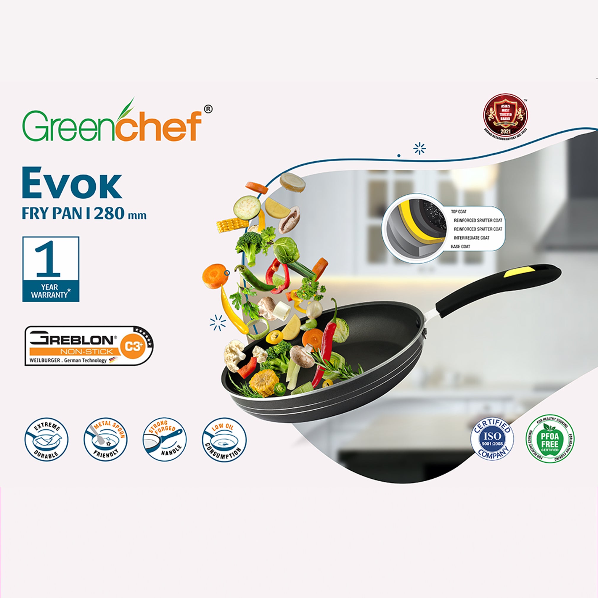 Side view of GreenChef Evok 280mm fry pan with bakelite handle, ideal for family cooking in Sri Lanka