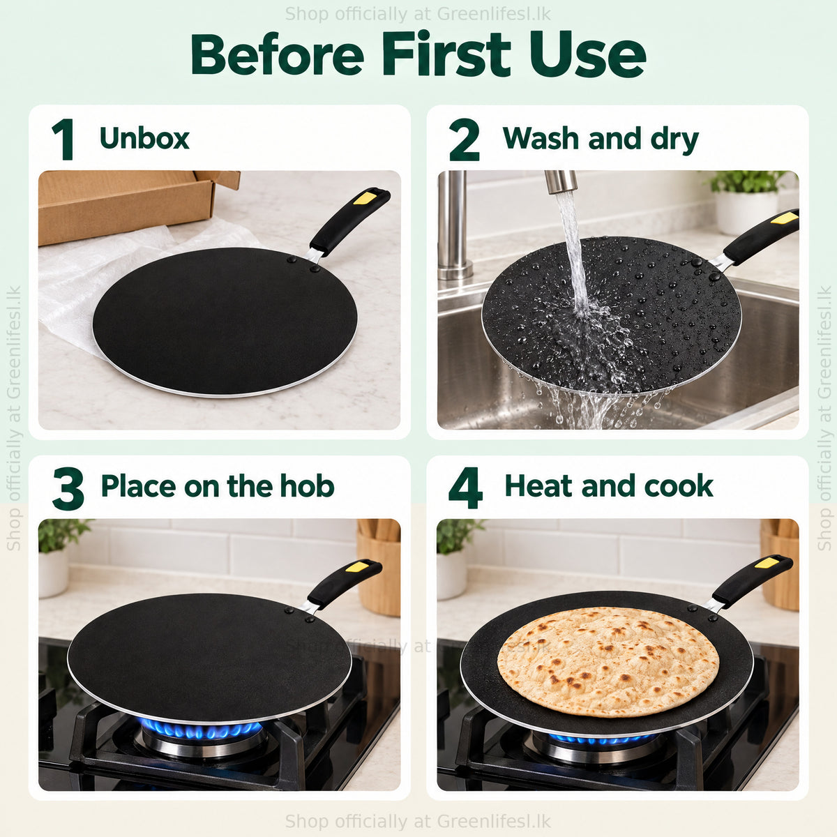 GreenChef Evok 280mm non-stick multipurpose tawa before first use: unbox, wash and dry, place on the hob, heat and cook