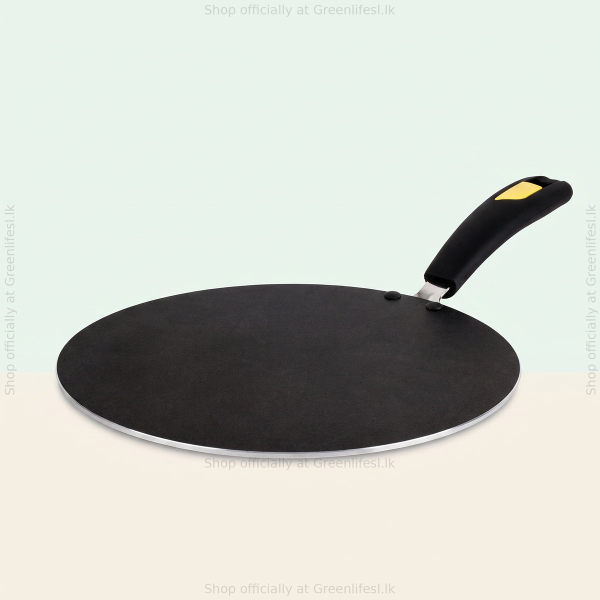 GreenChef Evok 280mm non-stick multipurpose tawa from a low side angle showing its flat profile