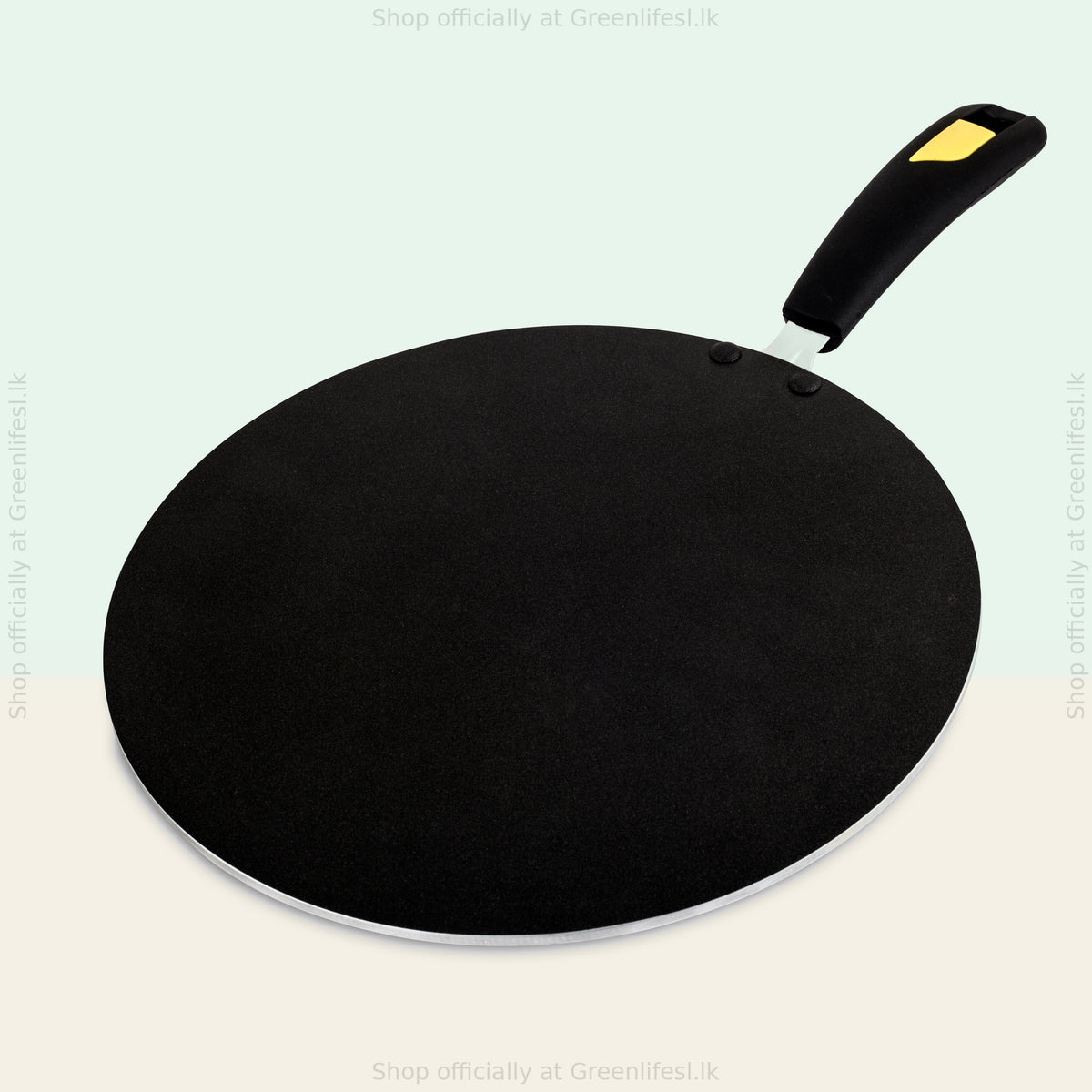 GreenChef Evok 280mm non-stick multipurpose tawa with black handle and yellow-tipped grip