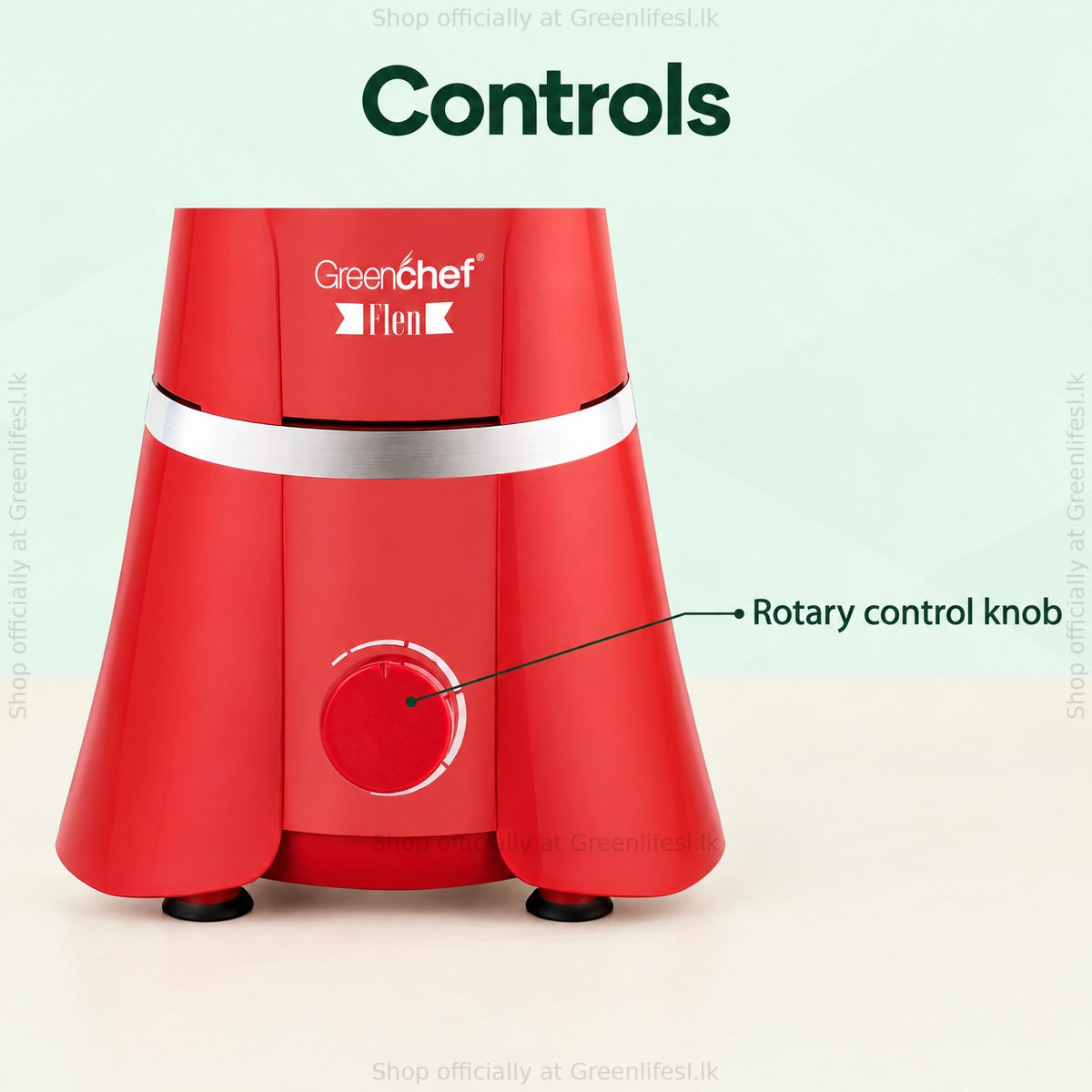 GreenChef Flen 1HP mixer grinder controls: rotary control knob on the red motor base