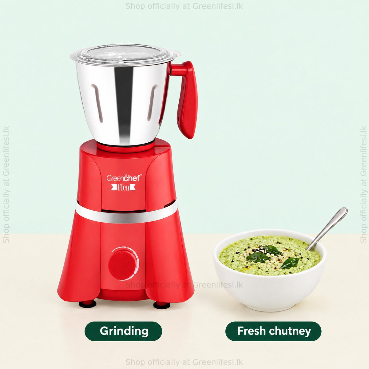 GreenChef Flen 1HP mixer grinder beside a bowl of freshly ground green chutney