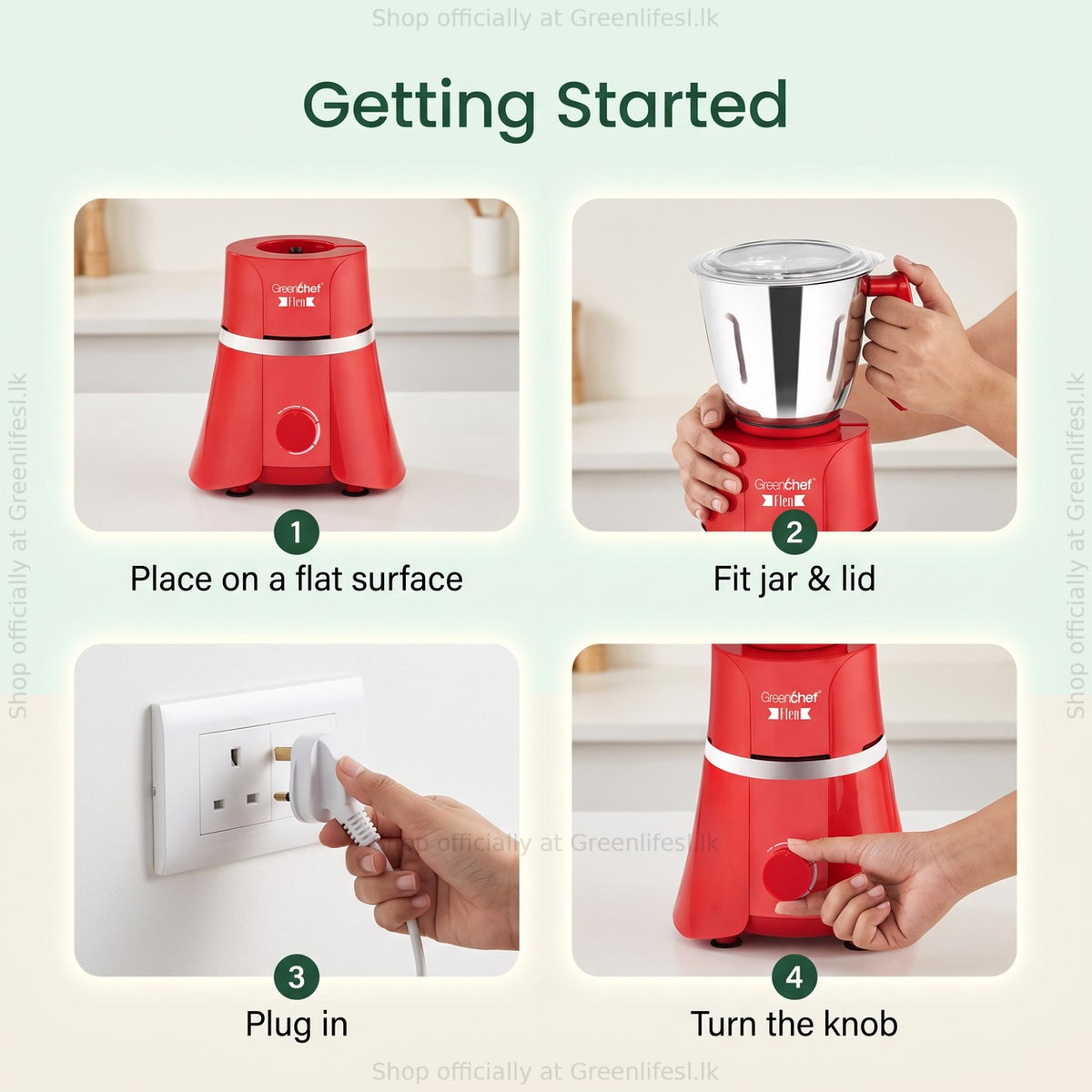 GreenChef Flen 1HP mixer grinder getting started: flat surface, fit jar and lid, plug in, turn the knob