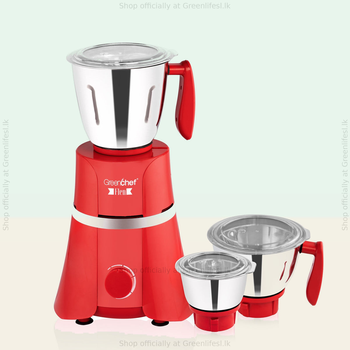 GreenChef Flen 1HP mixer grinder with 3 jars, red motor base and stainless steel jars