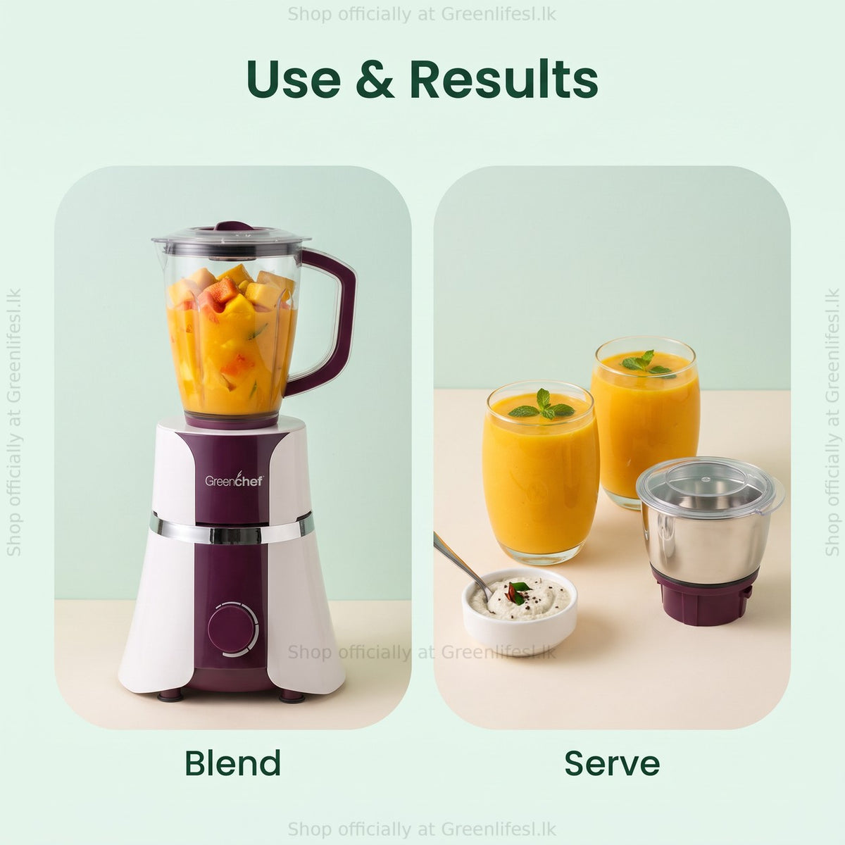 GreenChef Flen Plus 1HP mixer grinder blending mango, then served as glasses of mango juice