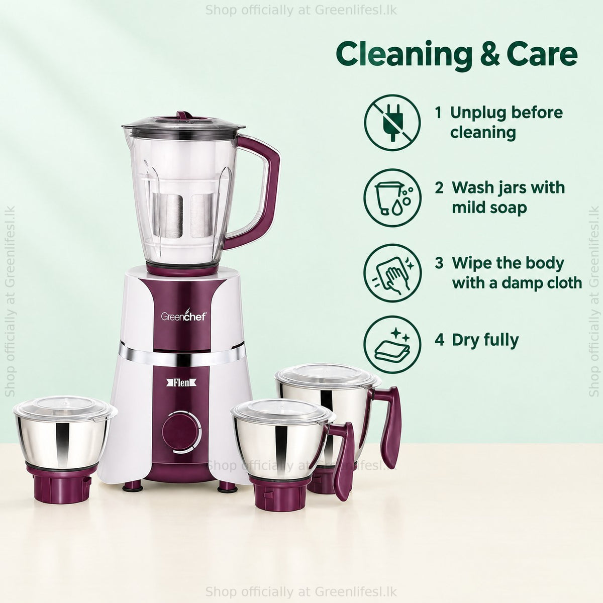 GreenChef Flen Plus 1HP mixer grinder care: unplug, wash jars with mild soap, wipe the body, dry fully