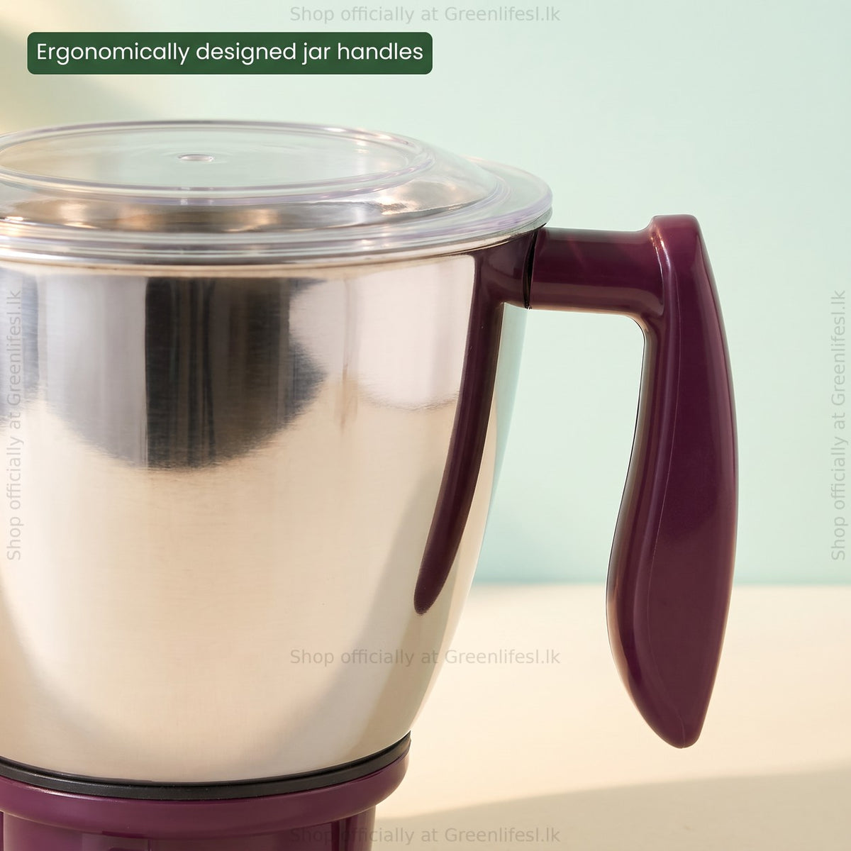 GreenChef Flen Plus 1HP mixer grinder ergonomically designed jar handle close-up