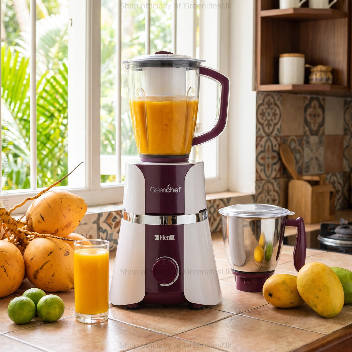 GreenChef Flen Plus 1HP mixer grinder making mango juice in a sunny home kitchen